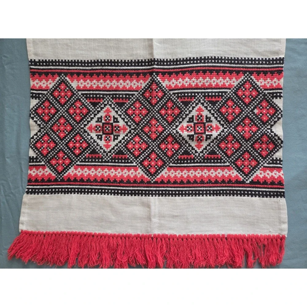 Vintage Ukrainian Rushnyk Embroidered Linen Towel, Red & Black Cross-Stitch Art